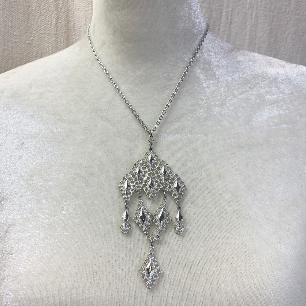 Vintage silver tone Diamond tiered Tassel Necklace